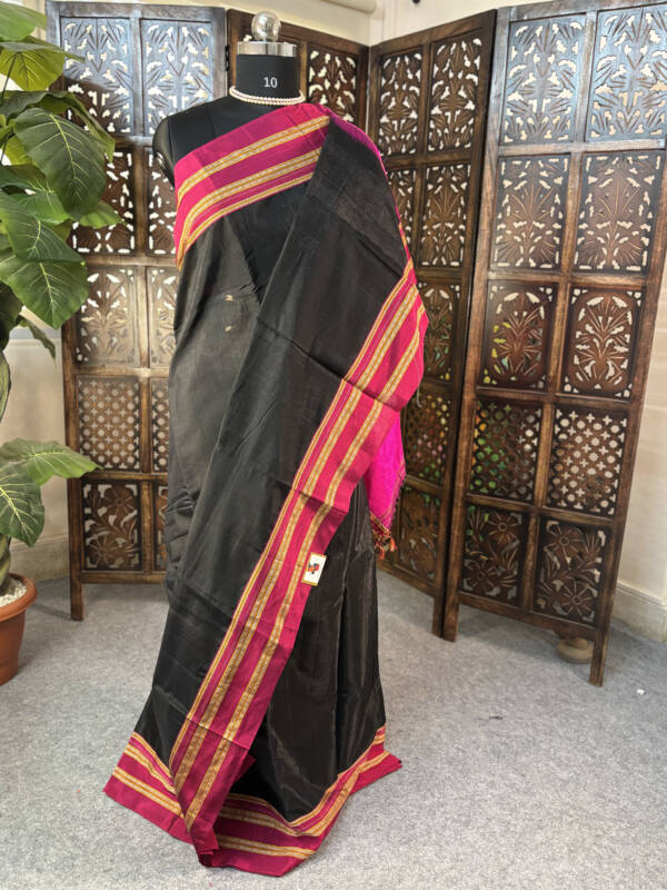 Handloom Black Saree with Pinks Border - Image 3