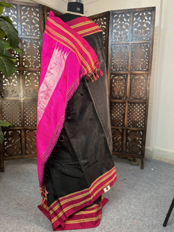 Handloom Black Saree with Pinks Border - Image 2